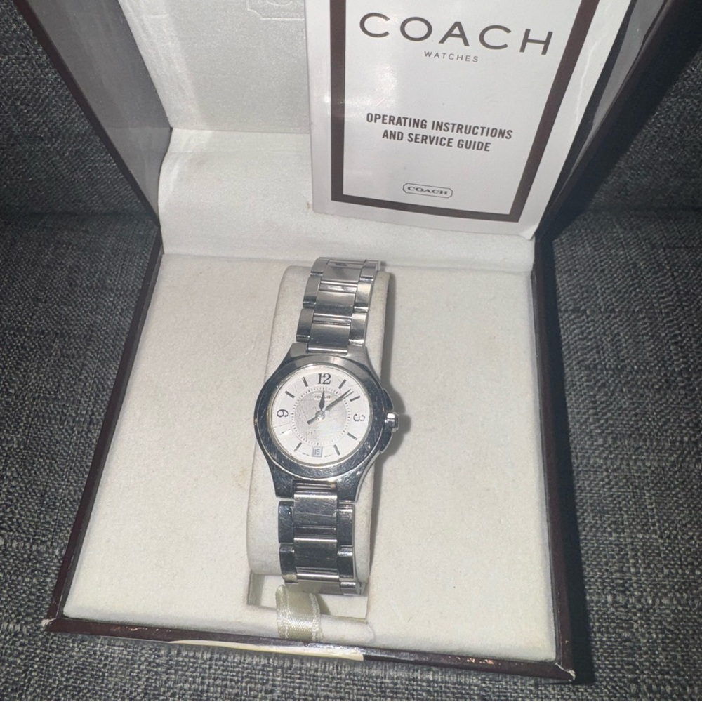 VTG Coach Women's Stainless Steel Quartz Watch White Dial Date Preowned w/Box